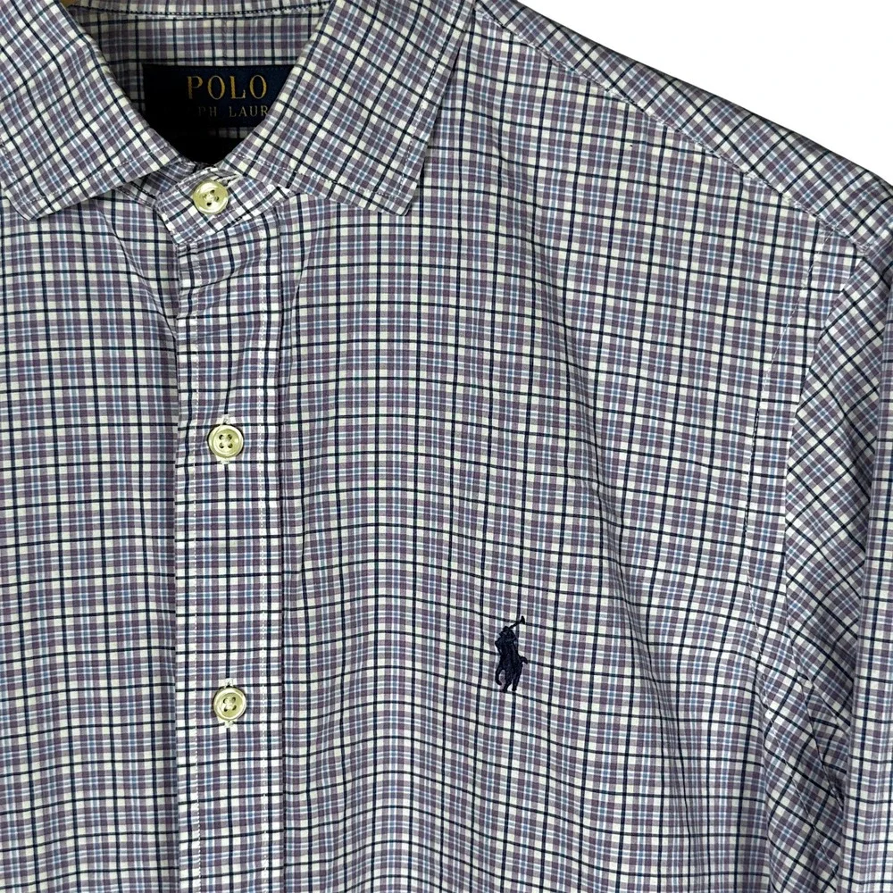 Polo Ralph‎ Lauren Mens Button Down Shirt Purple Plaid Stretch Cotton Size M